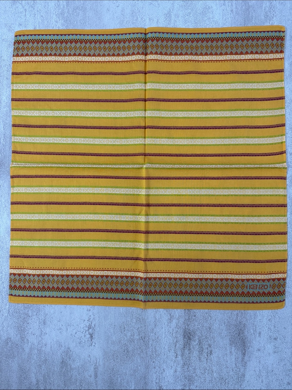 Kenzo Yellow Green Striped Silk Scarf with Geometric Border